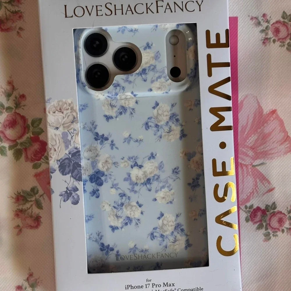 LoveShackFancy case mate iPhone 17 Pro Max and AirPods Pro 3 cases blue